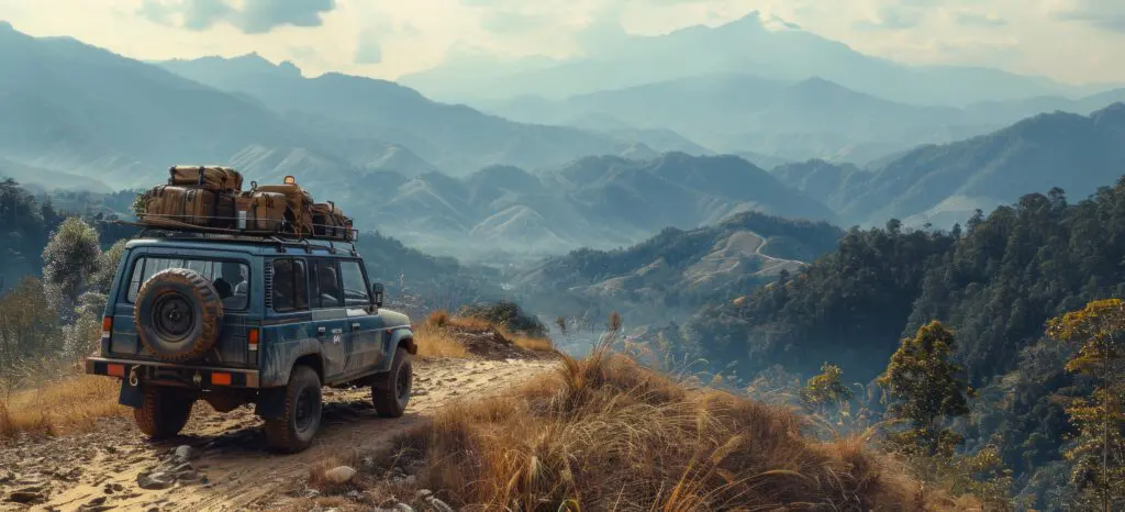 Land Rover at the edge of a mountain cliff