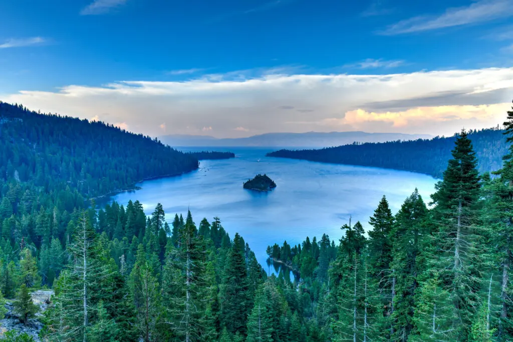 a large body of water surrounded by trees