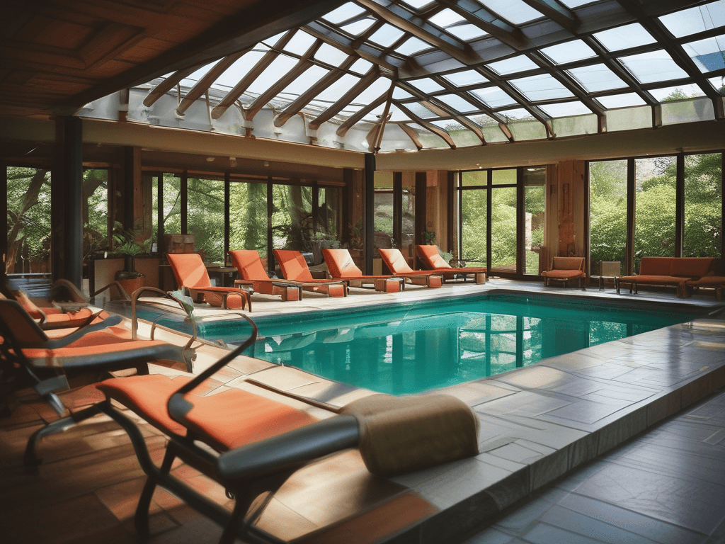 a pool with chairs and a glass roof