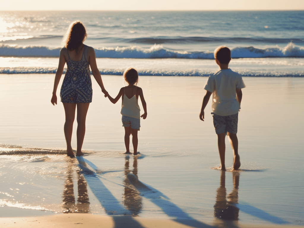 a woman and two children walking on a beach