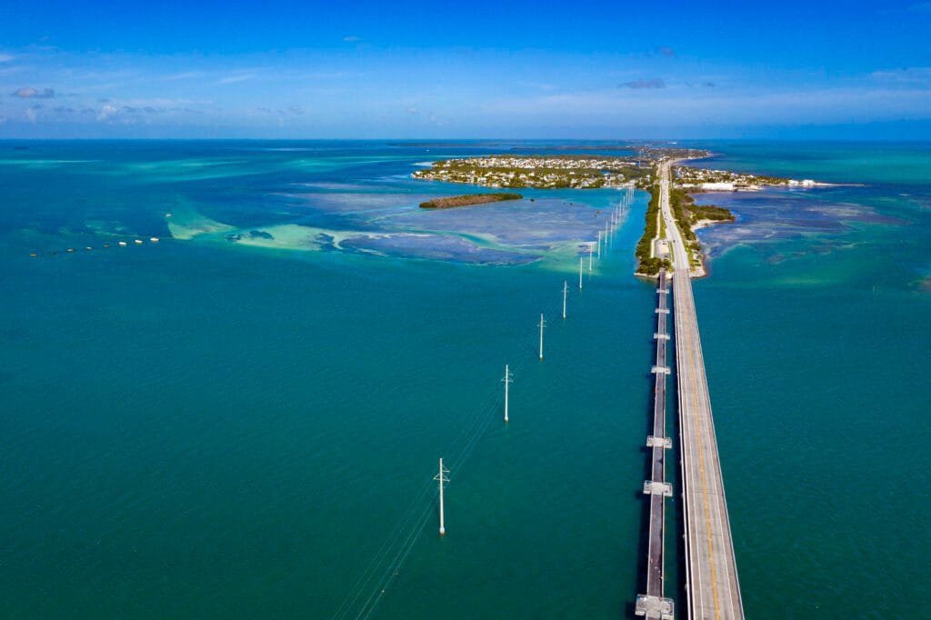 a long bridge over water towards the Florida Keys